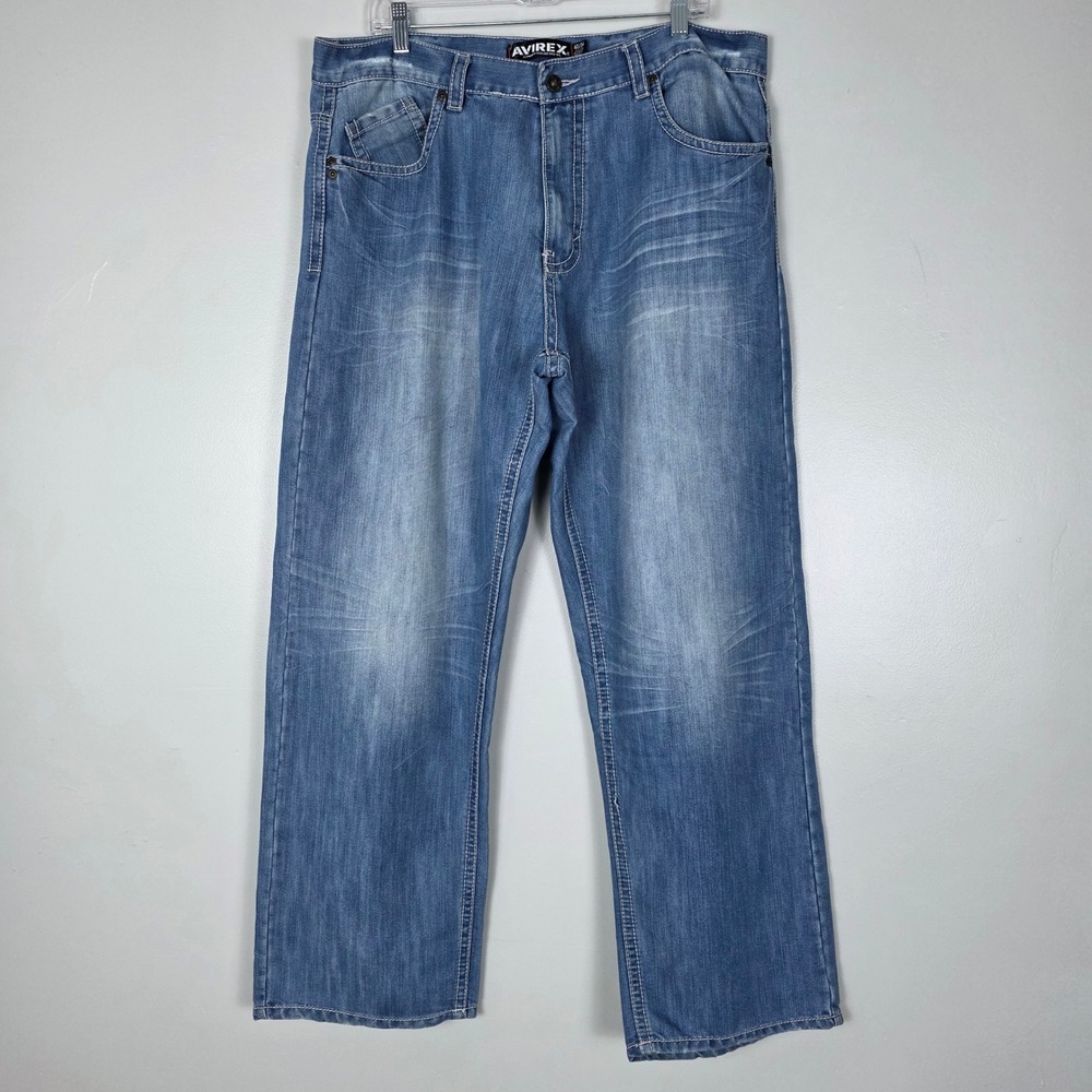 Avirex Jeans Mens 40x31 Relaxed Fit Y2k Denim Light Wash Embroidered Pockets - Picture 2 of 7